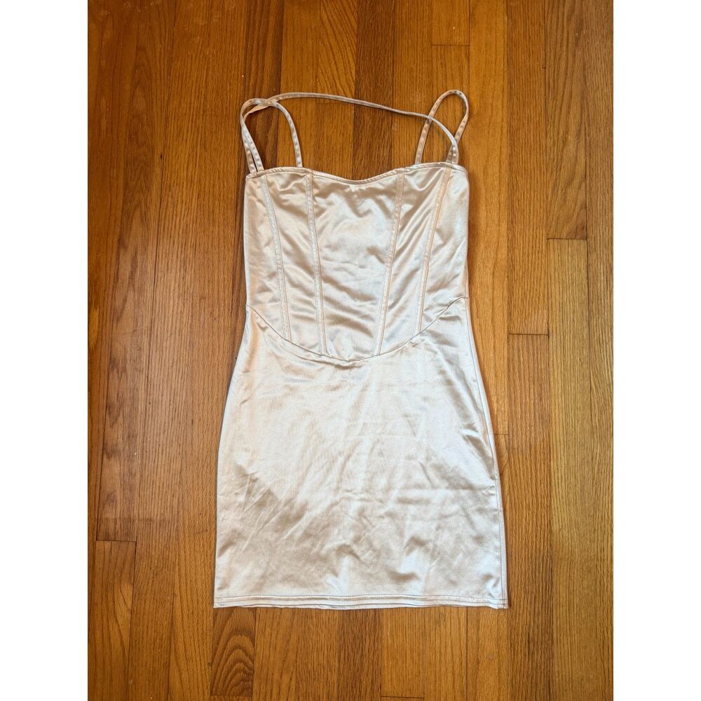 PrettyLittleThing US 6 Champagne Satin Corset Bodycon Mini Dress Y2K